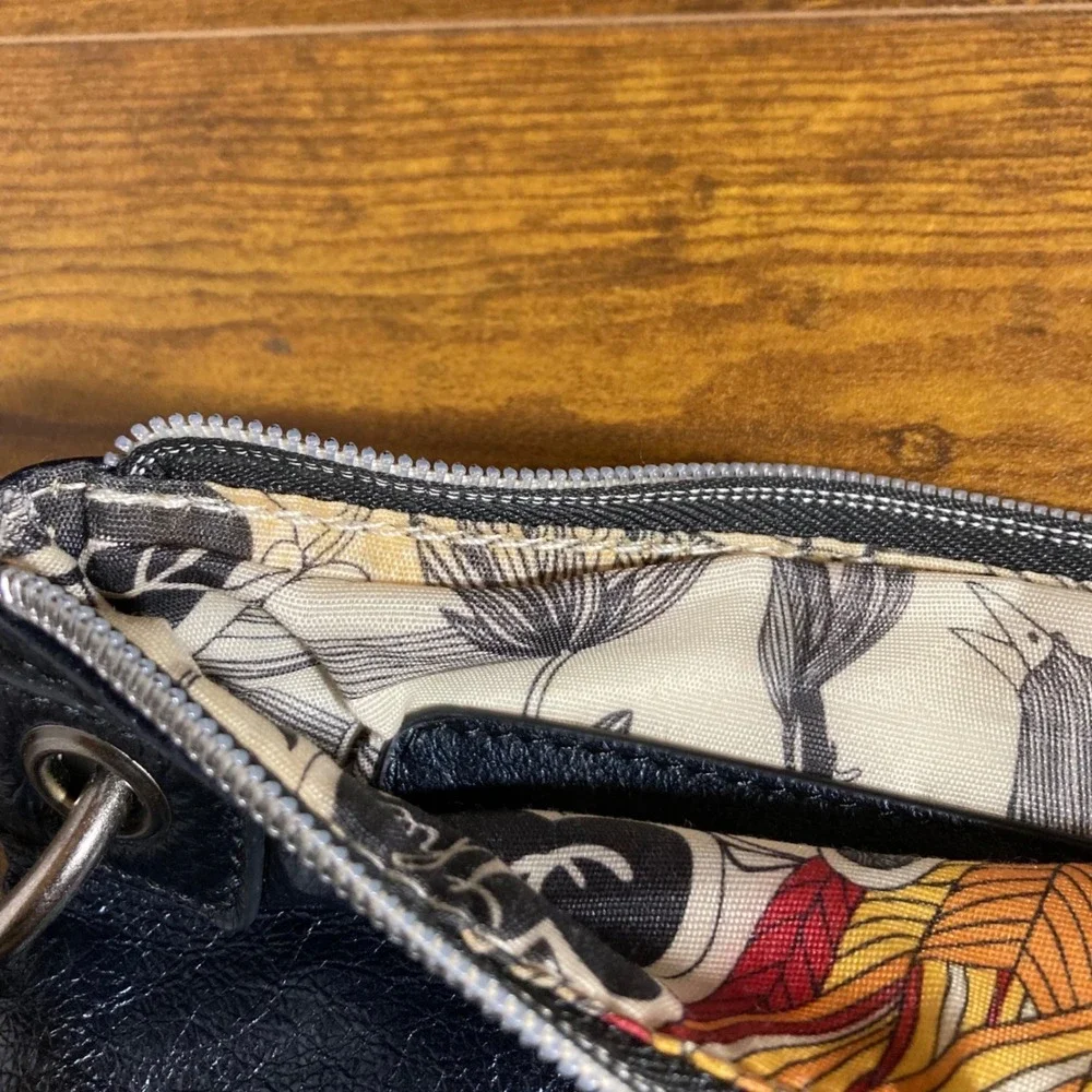 The Sak Black Leather Foldover Crossbody Bag Floral Bird Print Lining‎ No Strap